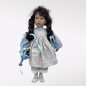 Vintage Porcelain Girl Doll Blue Gingham Dress Floral Apron 16”